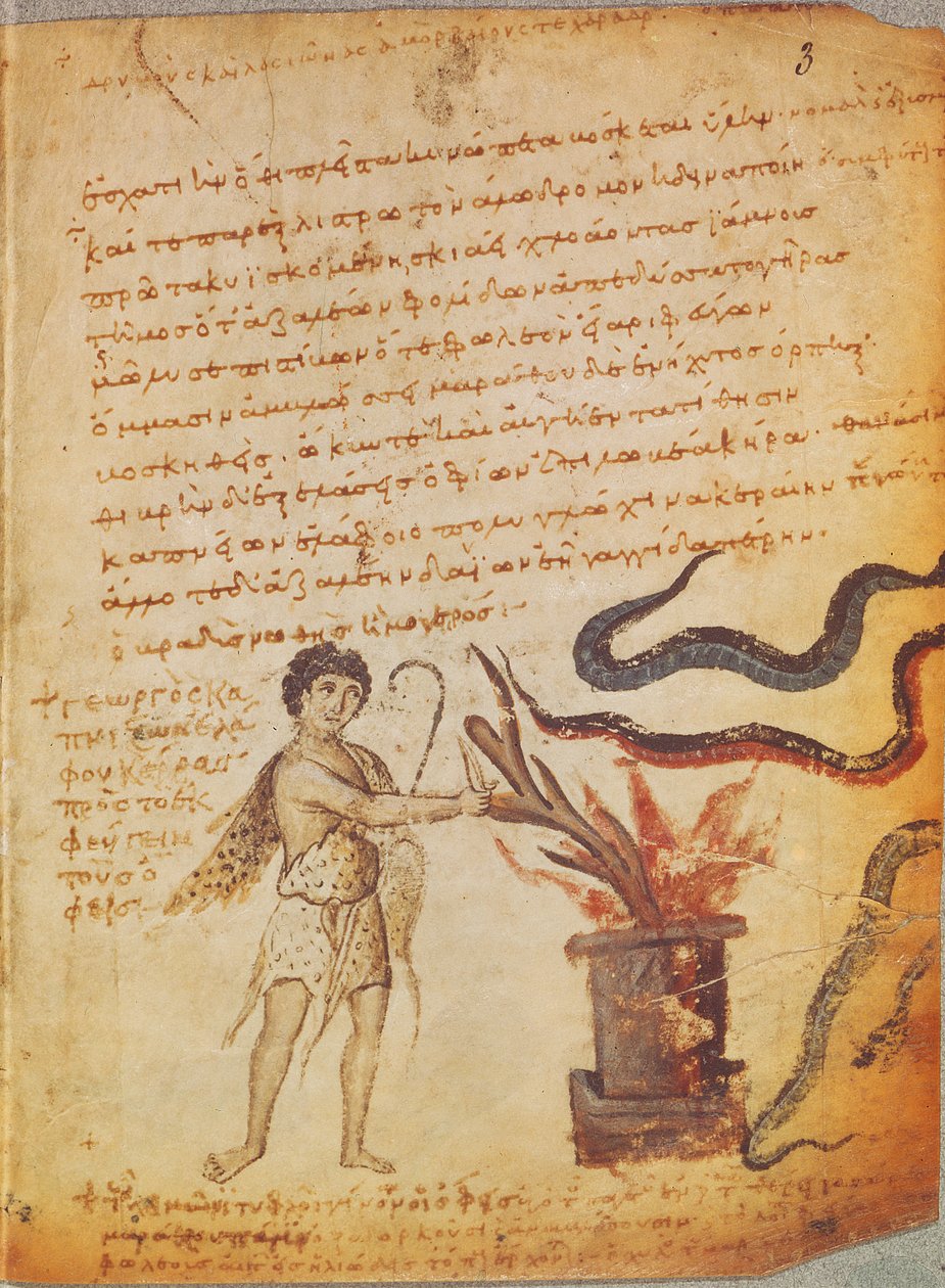 Ms Supp Grec 247 fol.3 Pasterz palący poroże, by wypędzić węże, z Theriaca z Nicander z Kolofonu (fl.II w. p.n.e.) autorstwa Byzantine