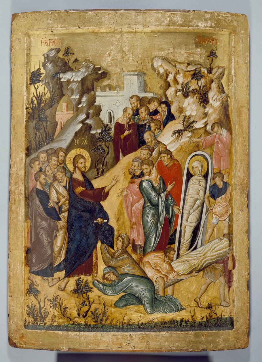 Wskrzeszenie Łazarza, XIV wiek (tempera i złoty płatek na desce) autorstwa Byzantine