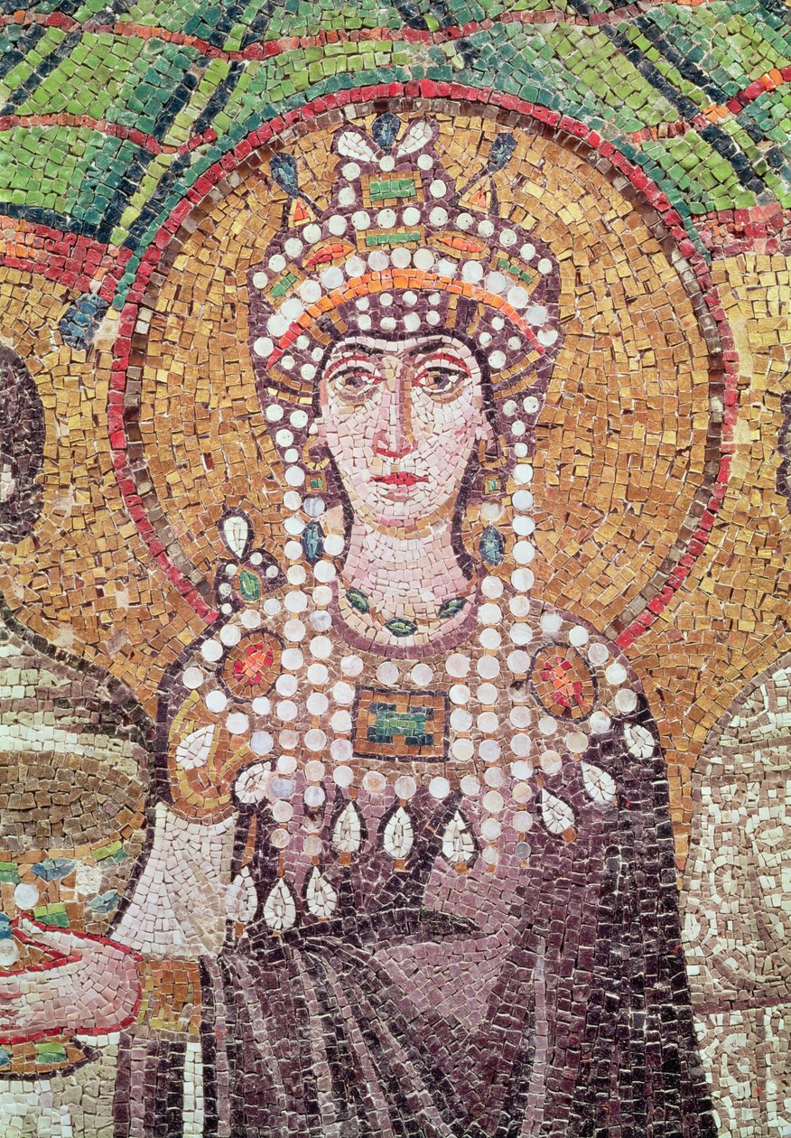 Cesarzowa Teodora ze swoim dworem złożonym z dwóch ministrów i siedmiu kobiet, fragment Teodory, ok. 547 r. autorstwa Byzantine School