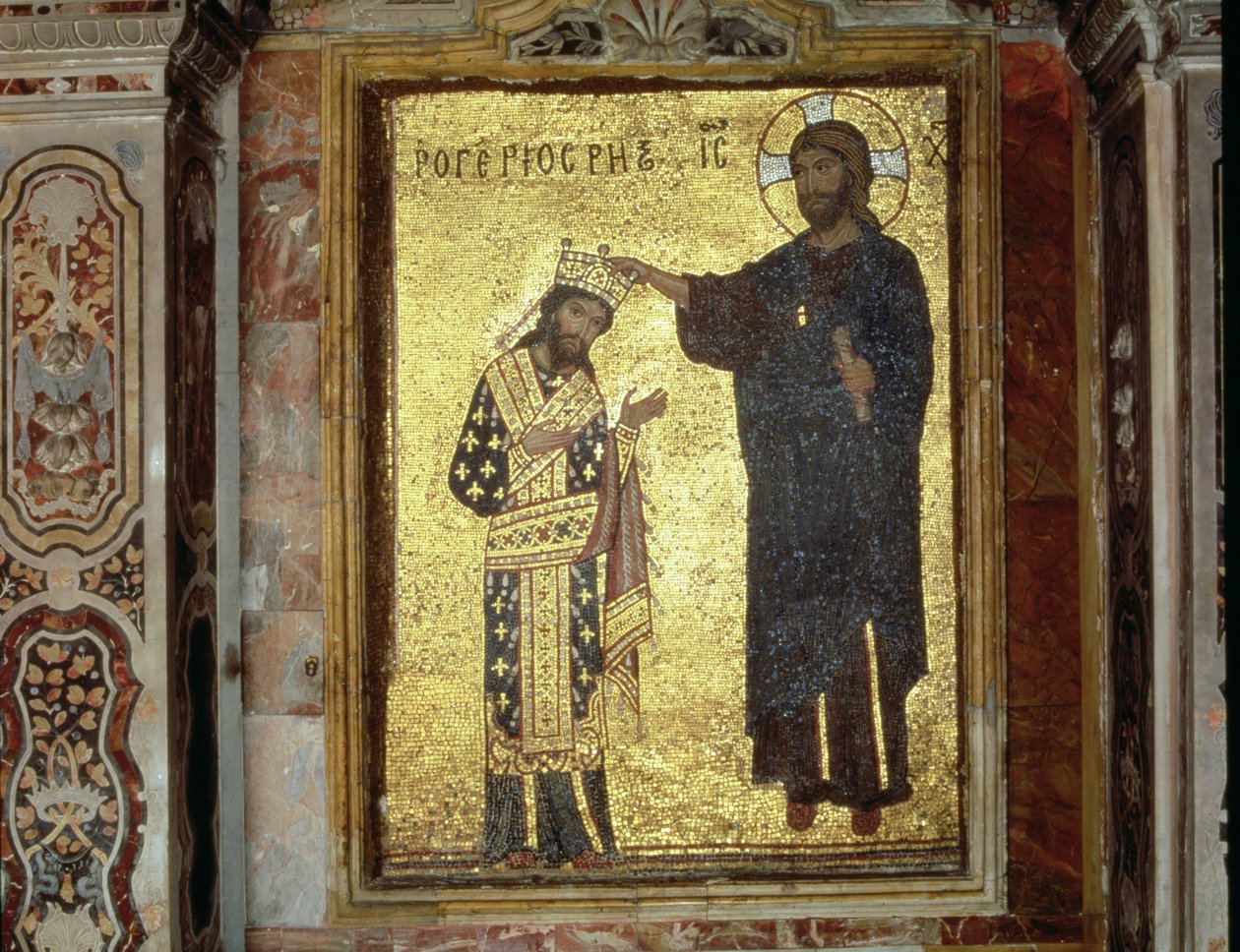 Chrystus koronujący króla Sycylii Rogera II (1093-1154) (mozaika) autorstwa Byzantine School