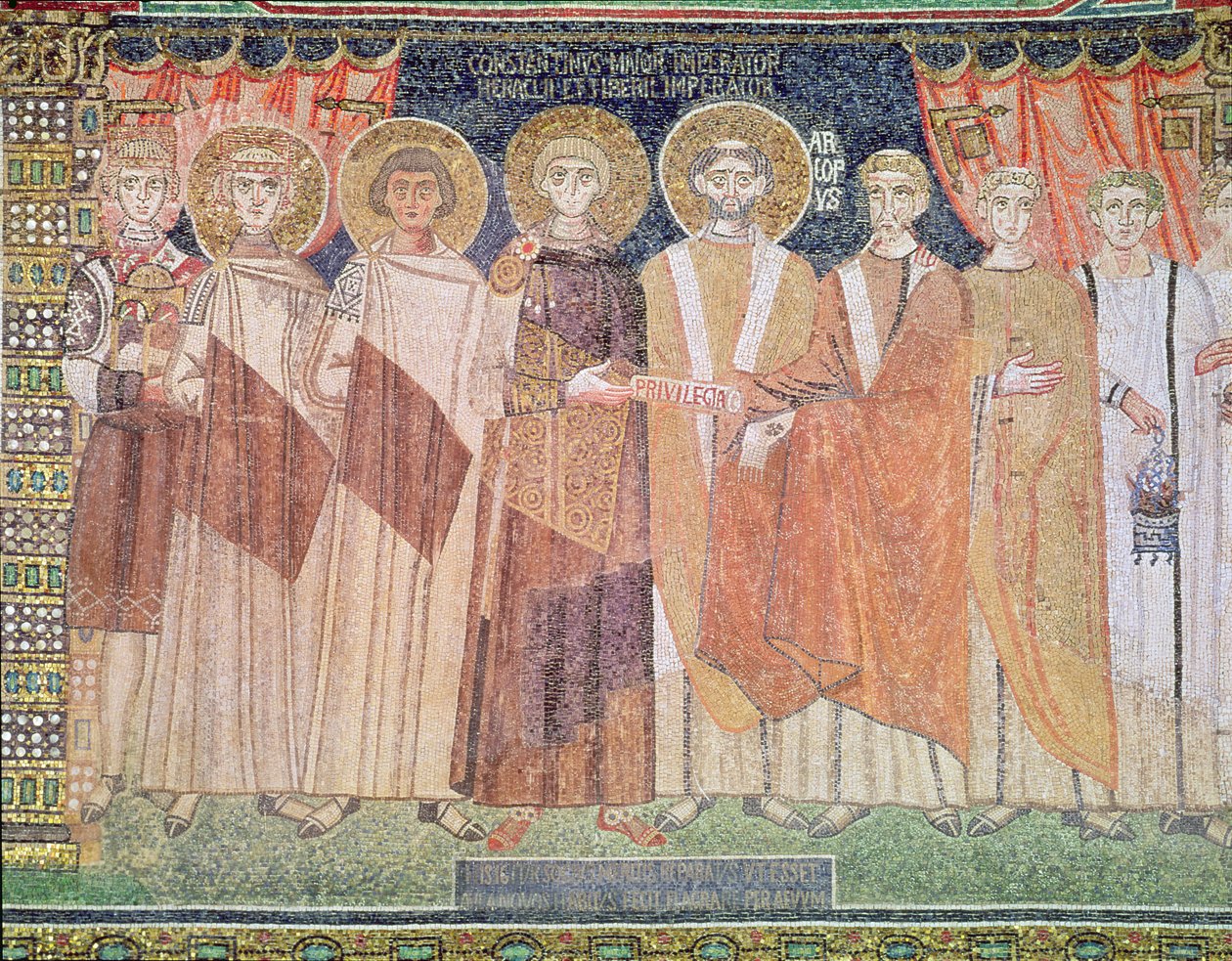 Konstantyn IV nadający przywileje biskupowi Reparatusowi dla kościoła w Rawennie, 671-77 (mozaika) autorstwa Byzantine School