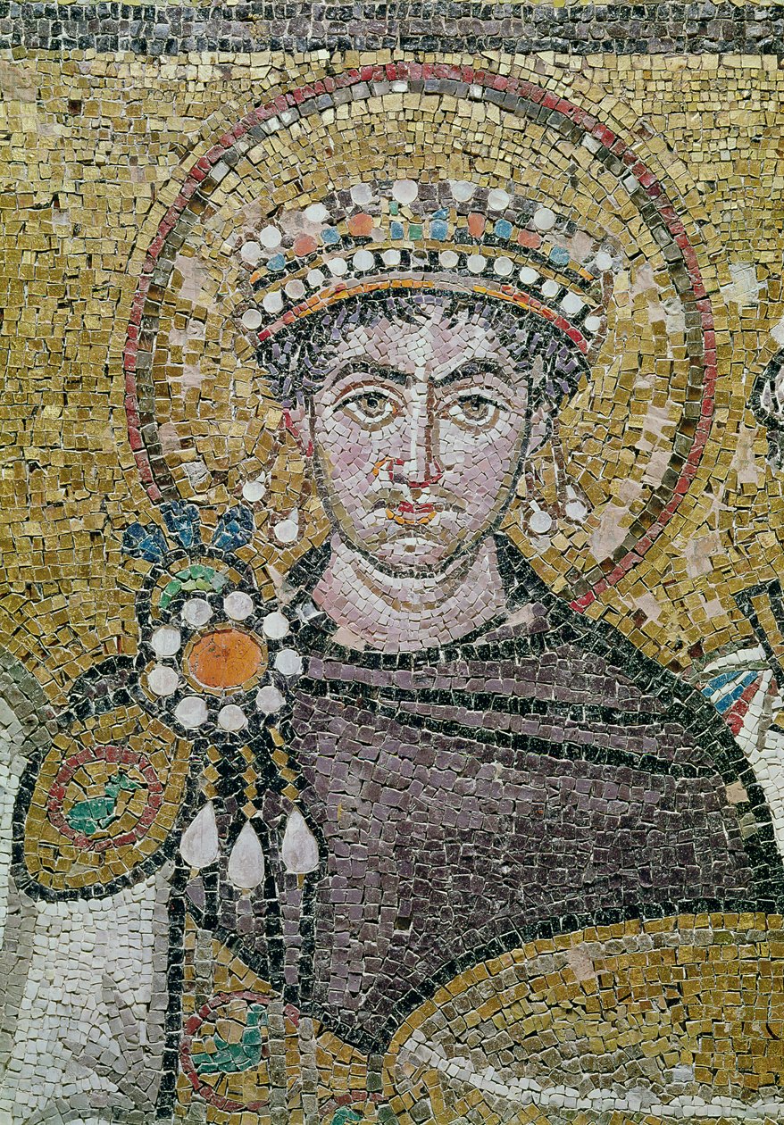 Cesarz Justynian I (483-565) ok. 547 r. (mozaika) (detal z 83451) autorstwa Byzantine School