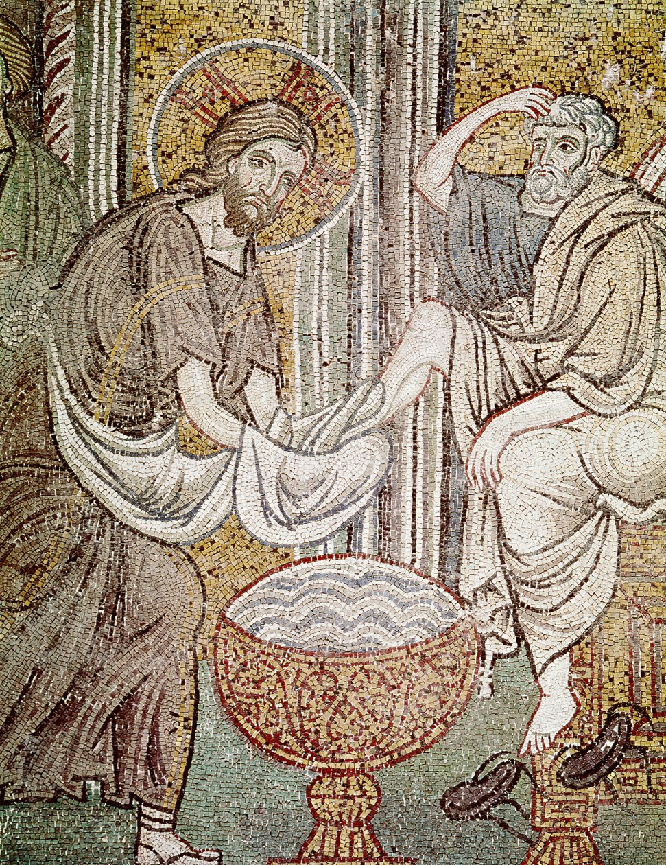 Jezus i św. Piotr, fragment Jezusa myjącego nogi apostołowi (mozaika) autorstwa Byzantine School
