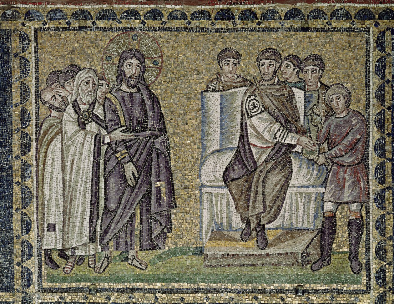Jezus przed Poncjuszem Piłatem (mozaika) autorstwa Byzantine School