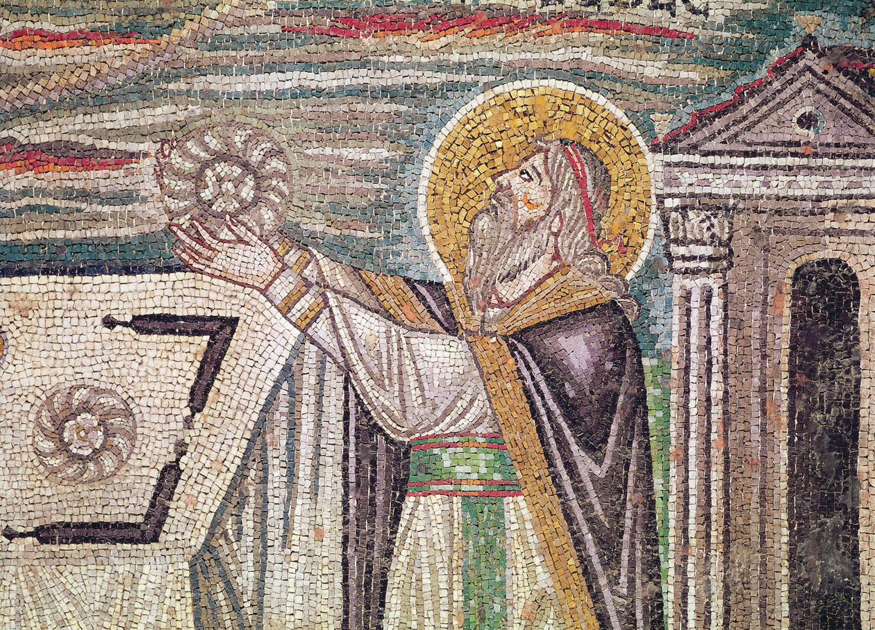 Melchizedech ofiarowuje Chleb na Ołtarzu, fragment lunety na ścianie południowej przedstawiający ofiary Abla i Melchizedecha (mozaika) autorstwa Byzantine School