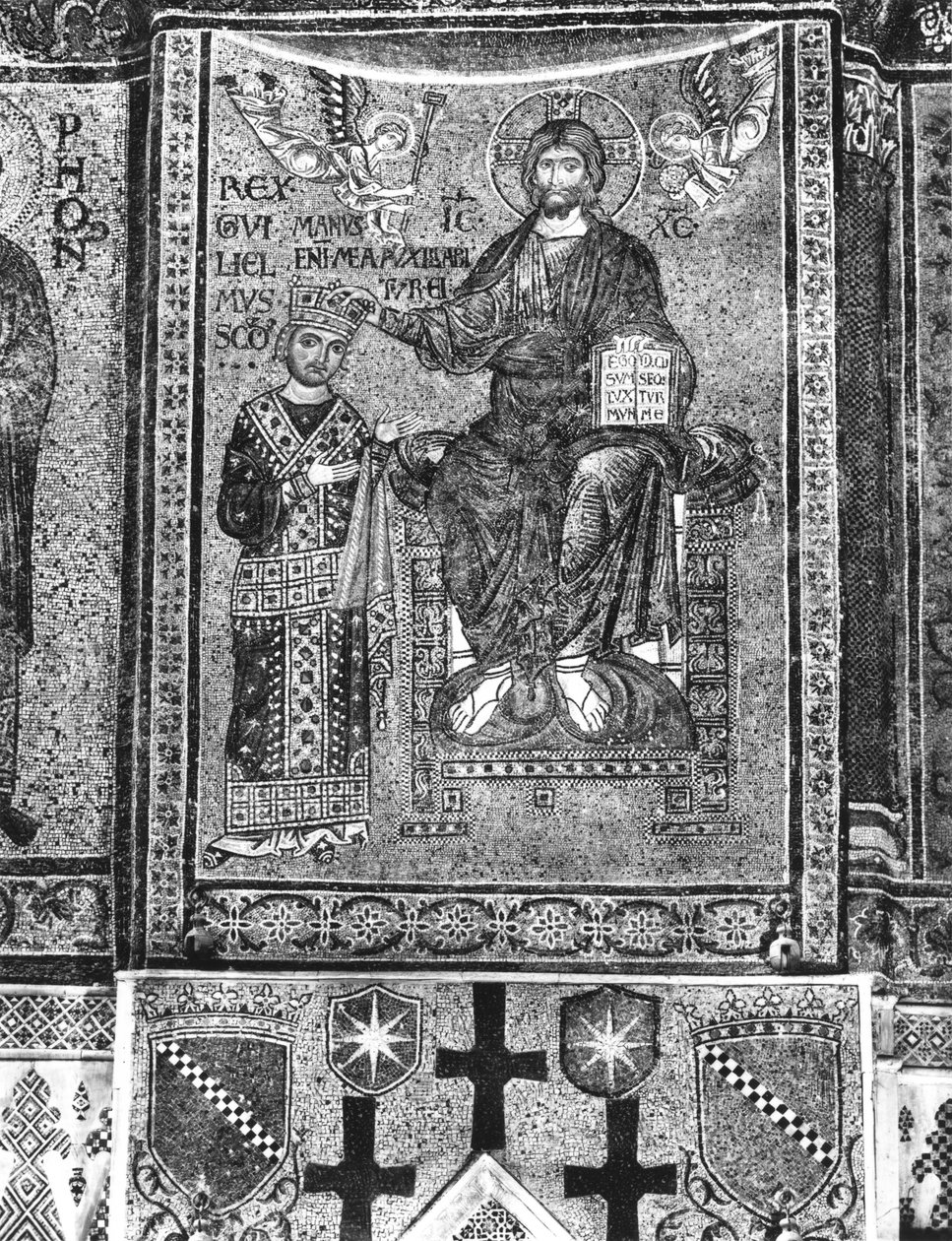 Wilhelm II (1154-89) Król Sycylii otrzymujący koronę od Chrystusa (mozaika) autorstwa Byzantine School