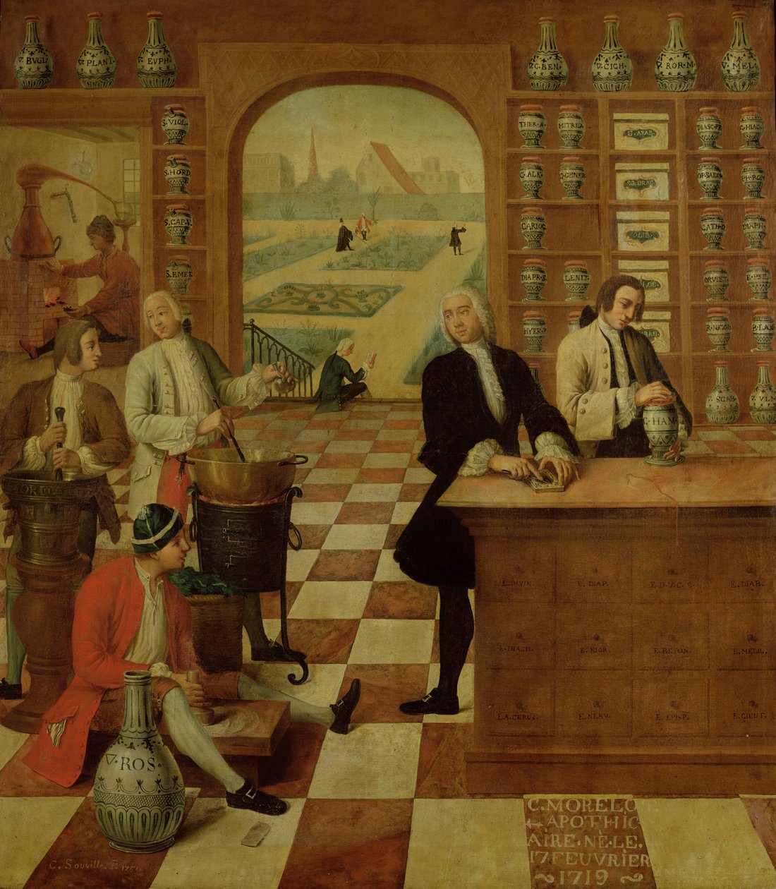 Aptekarz C. Morelot (ur. 17 lutego 1719 r.) w swojej aptece, 1751 r. autorstwa C. Souville