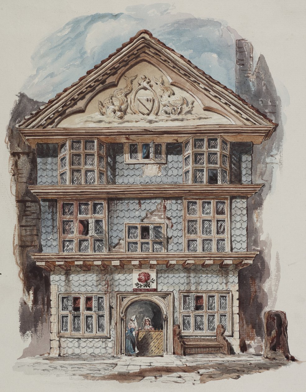 Retrospektywny widok Rose Tavern, Fenchurch Street w 1730 r., ok. 1805 r. (wc na papierze autorstwa C. Williams
