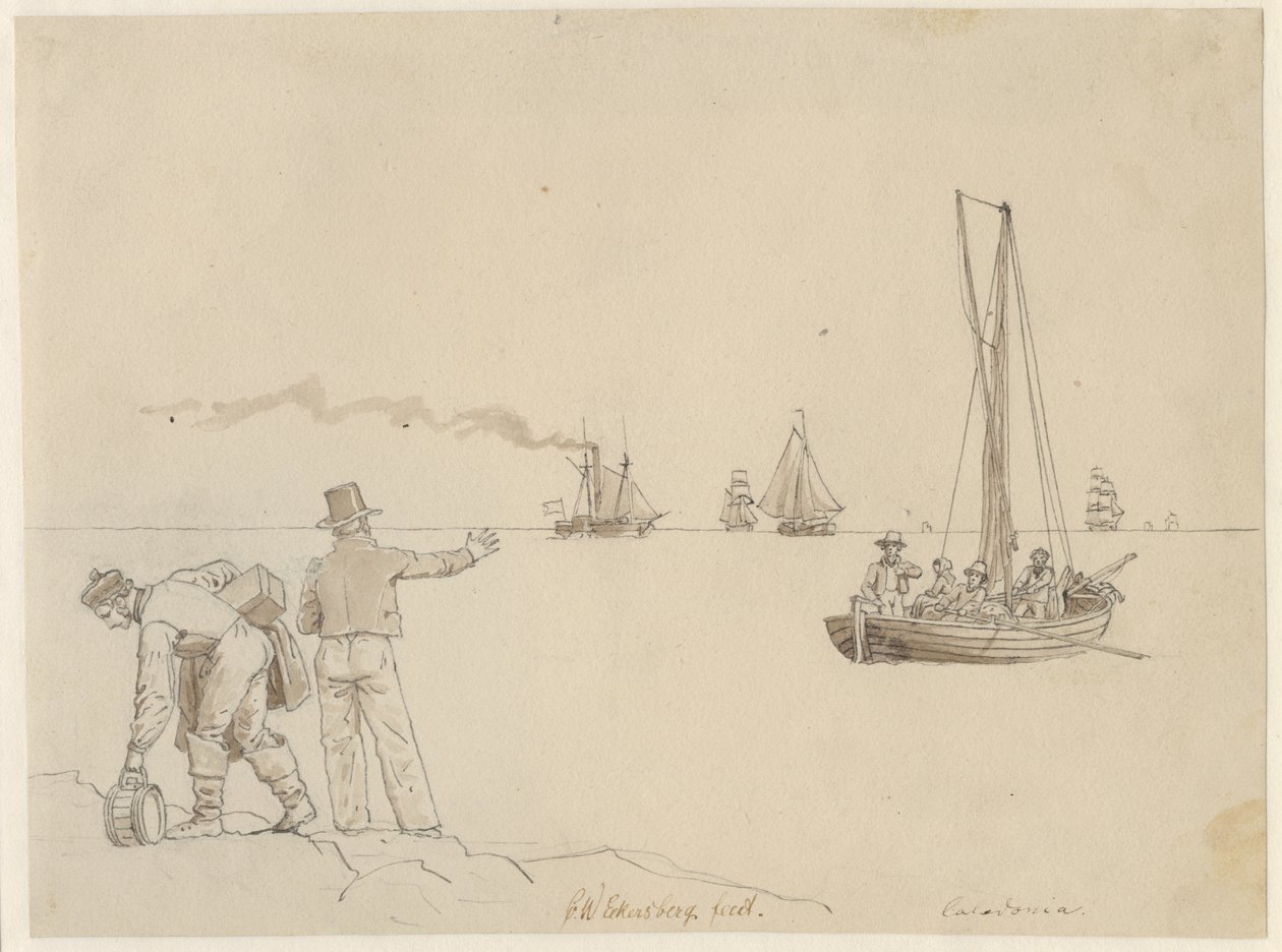 Pasażerowie zostają wyprowadzeni na parowiec Caledonia. autorstwa Christoffer Wilhelm Eckersberg
