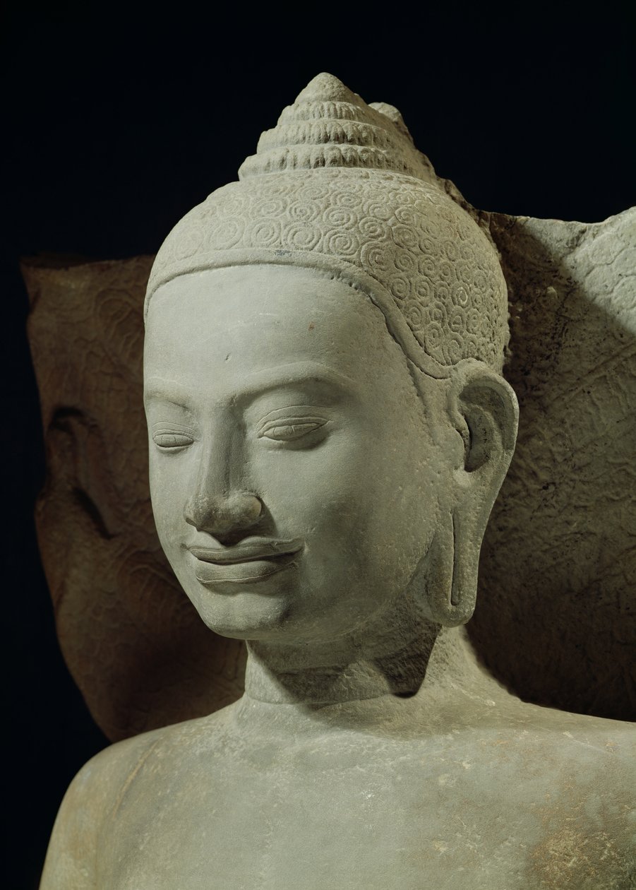 Budda w medytacji nad Królem Naga, Mucilinda, fragment głowy Buddy, z Preah Khan, styl Bayon, piaskowiec XII-XIII w. autorstwa Cambodian School