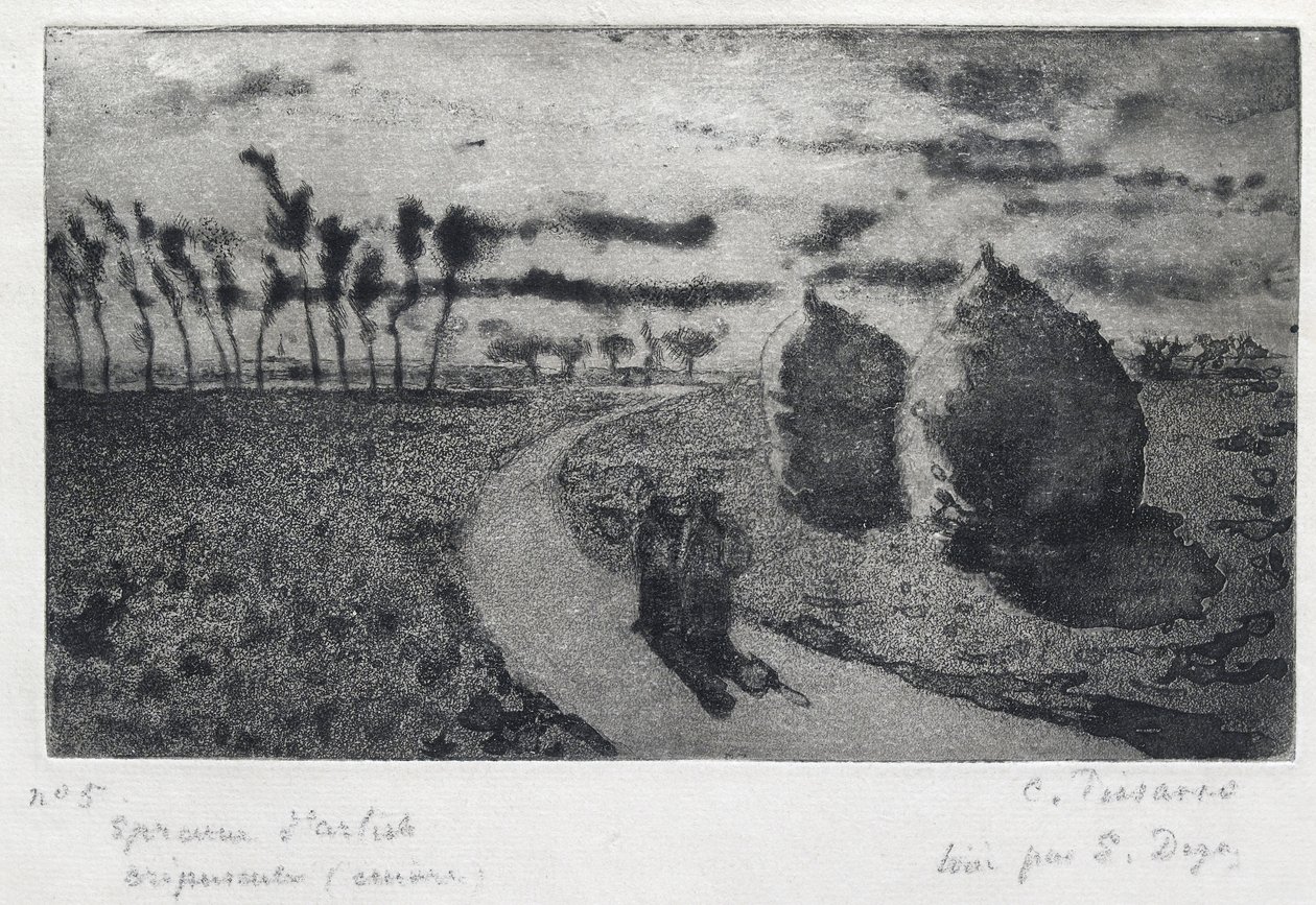 Crépuscule (avec Meules), 1879 (akwaforta, akwatinta, sucha igła i papier ścierny) autorstwa Camille Jacob Pissarro