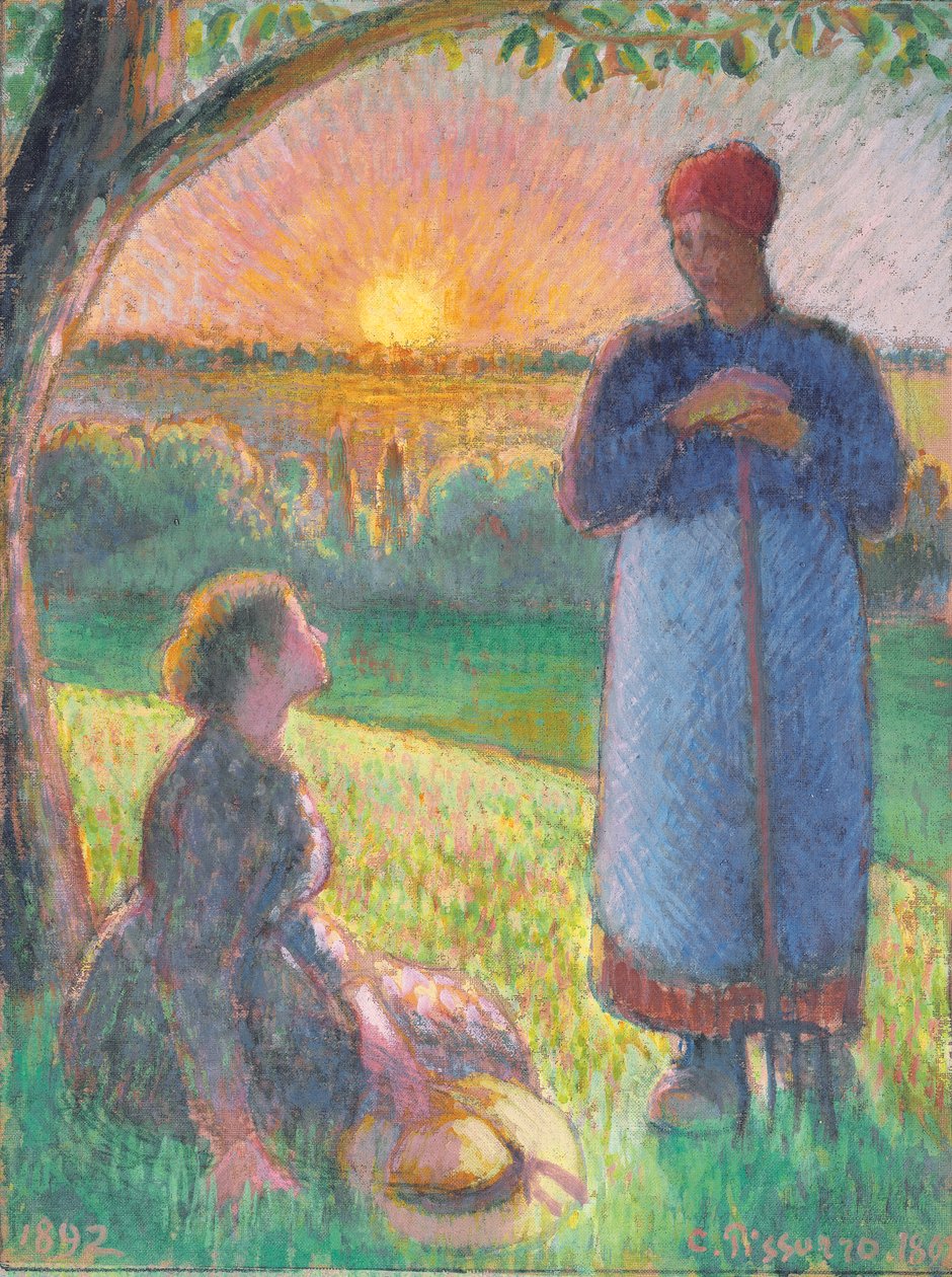 Rozmawiający chłopi, zachód słońca, Eragny autorstwa Camille Pissarro