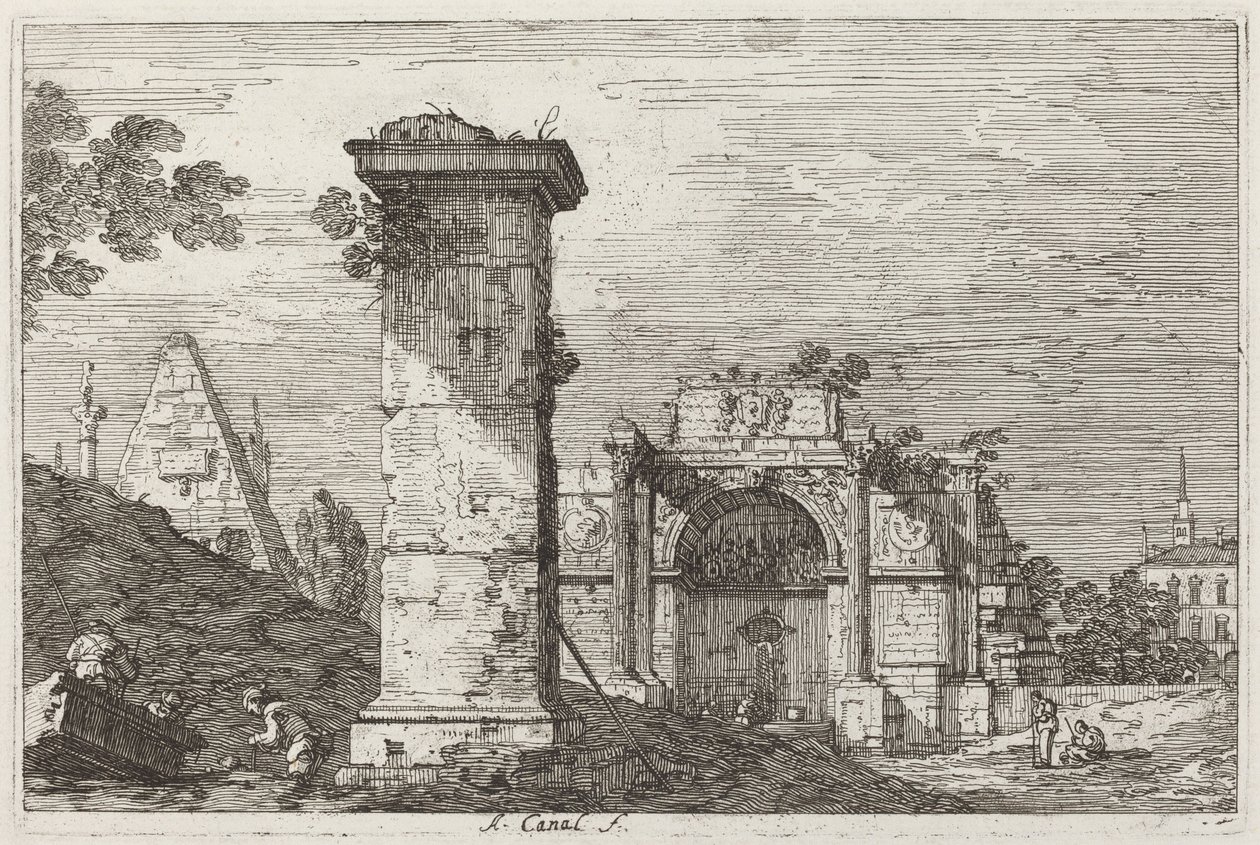 Krajobraz ze zrujnowanymi zabytkami [po prawej] autorstwa Canaletto