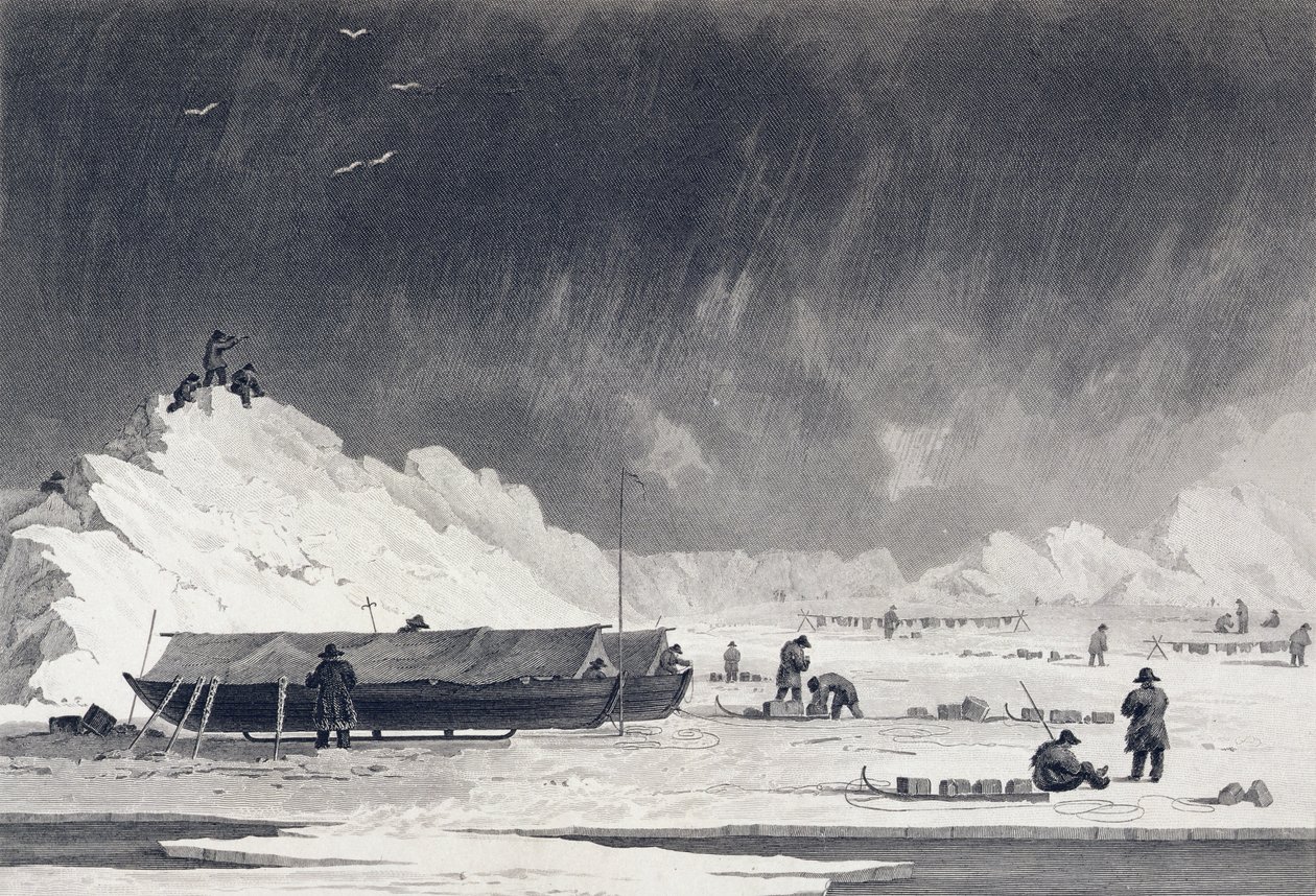 Łodzie wciągnięte na noc, z „Journal of a Third Voyage for the Discovery of North West Passage z Atlantyku na Pacyfik” wykonanego w latach 1824-25 na statkach H.M. Hecla i F autorstwa Captain George Francis Lyon