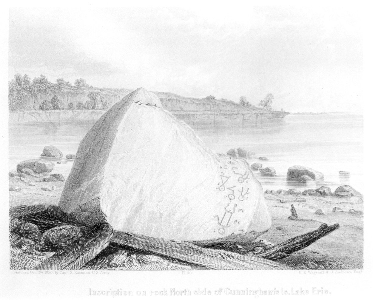 Inskrypcje rdzennych Amerykanów na skale nad jeziorem Erie, z „Information Respecting the History, Condition and Prospects of the Indian Tribes of the United States” autorstwa Schoolcraft, grawerowane przez Wagstaffa autorstwa Captain Seth Eastman