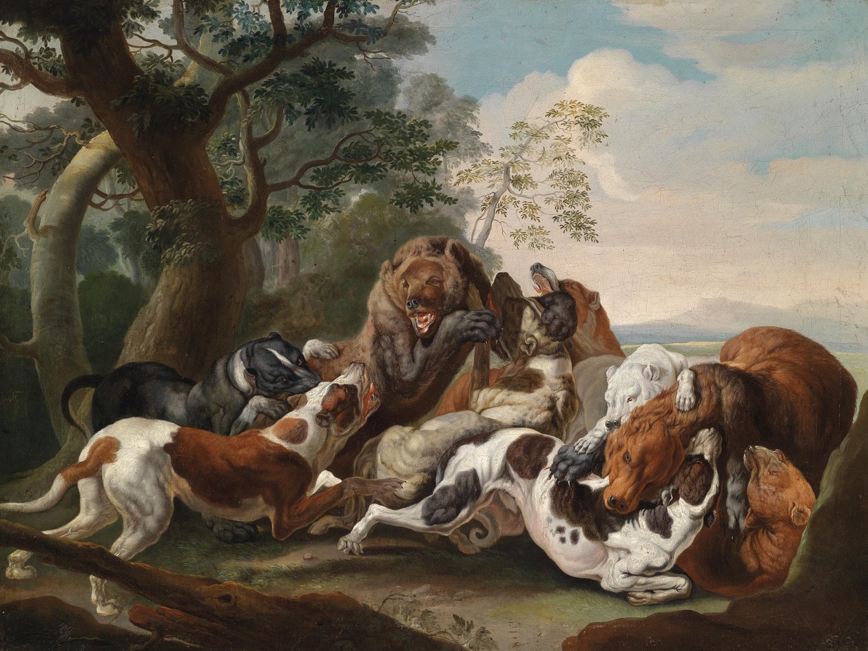Polowanie na niedźwiedzia, olej na płótnie, 69 x 92 cm autorstwa Carl Borromaus Andreas Ruthart