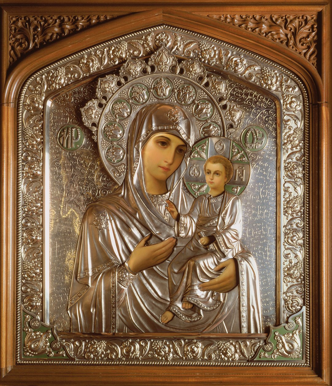 Ikona Matki Bożej z Dzieciątkiem Jezus, 1908 (olej na płycie i srebro) autorstwa Carl Fabergé