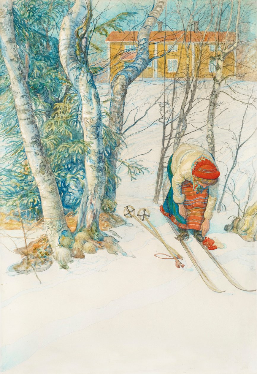 Dziewczyna zapina pasy na narty autorstwa Carl Larsson