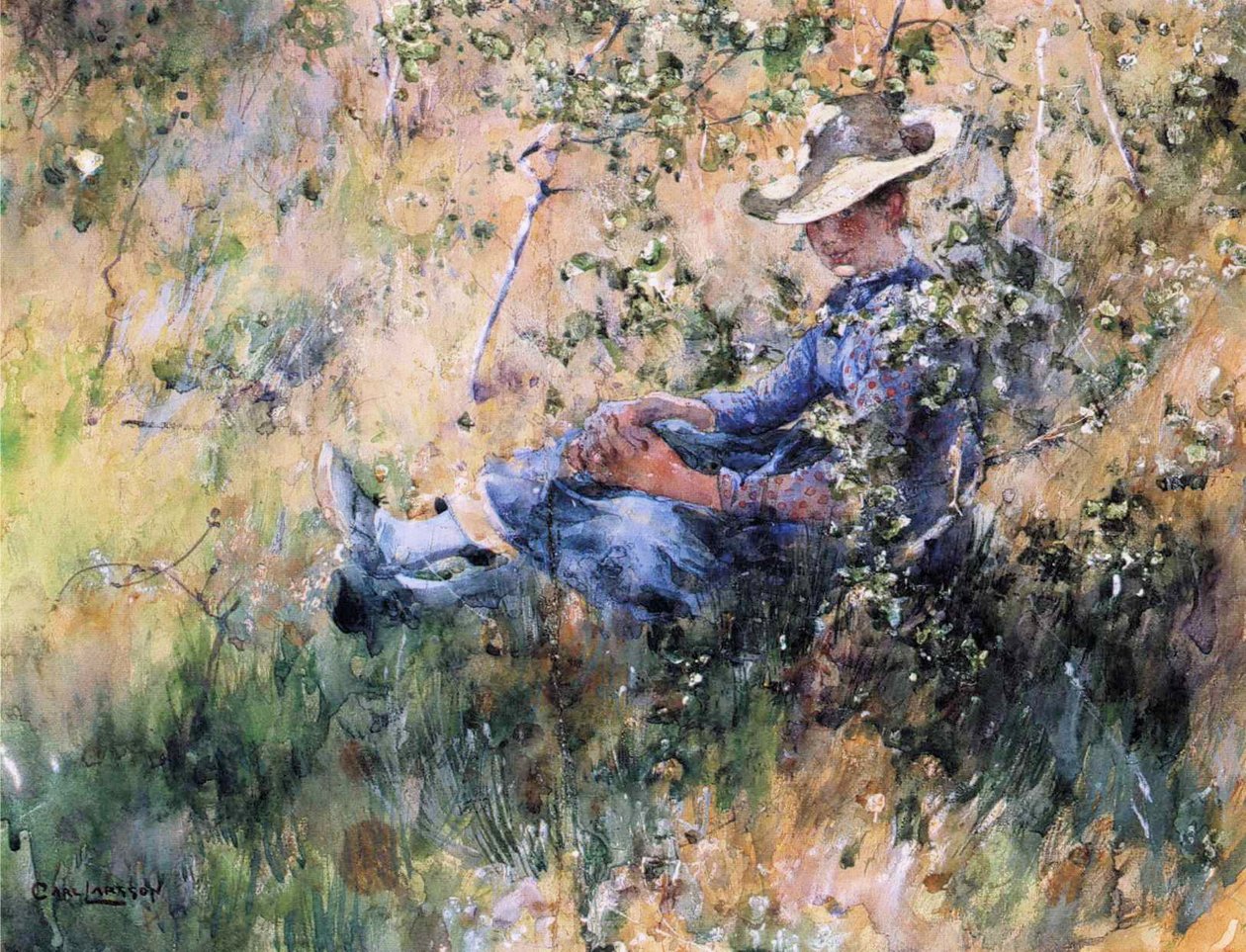 Dziewczyna przy kwitnącym krzaku głogu autorstwa Carl Larsson