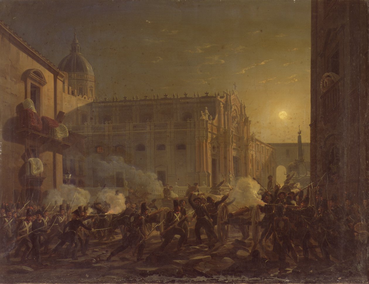 Spalenie Katanii po zdobyciu miasta przez pułk berneński w 1849 r., 1849 r. autorstwa Carl Wilhelm Goetzloff
