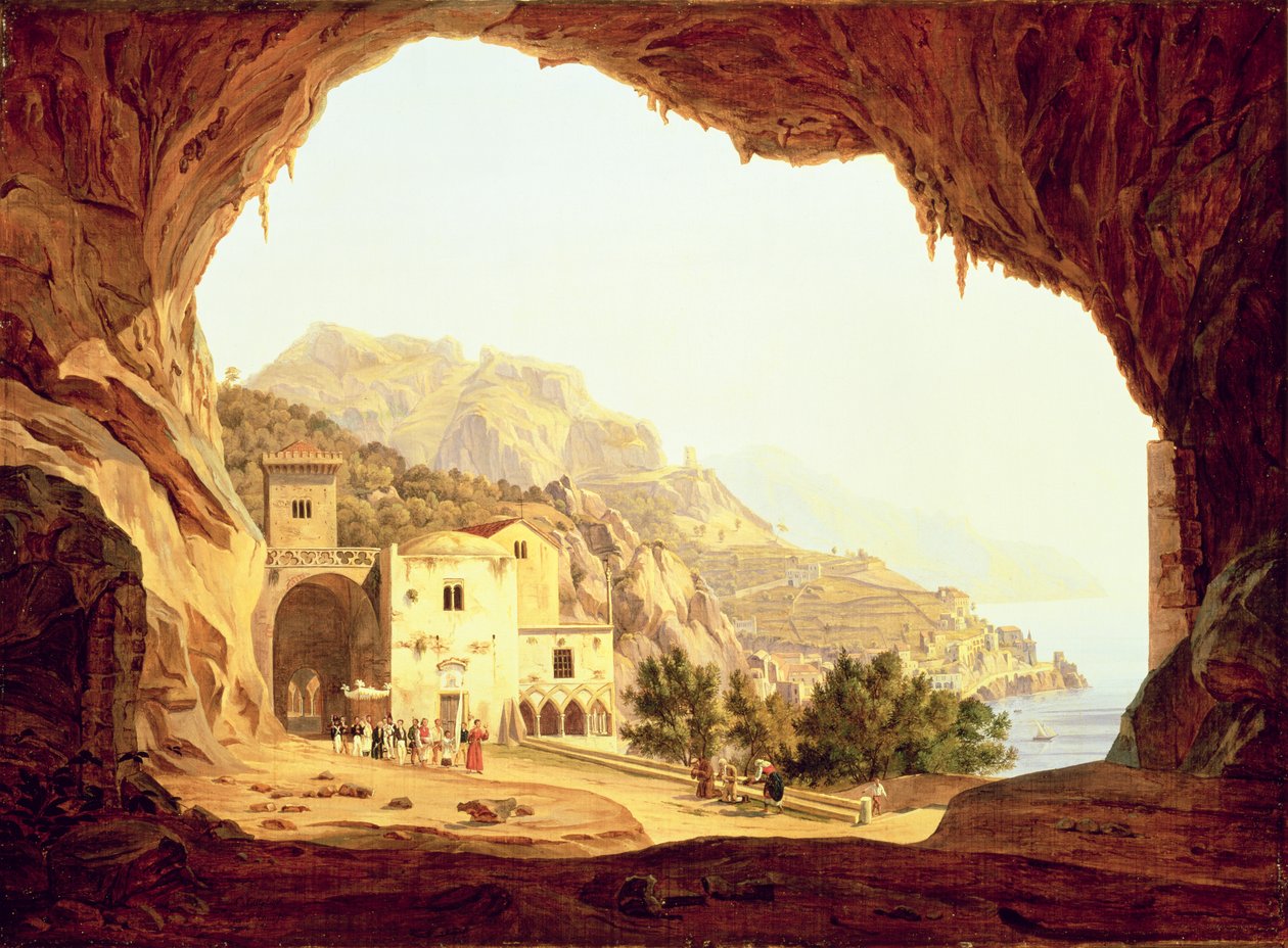 Widok z groty na wybrzeże Amalfi, ok. 1842 r. autorstwa Carl Wilhelm Goetzloff