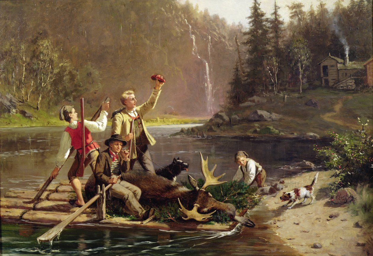 Myśliwi w dolinie Oesterdalen autorstwa Carl Julius Lorck