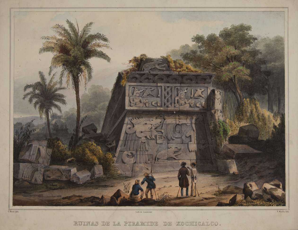 Puolan Xochicalcon pyramidin rauniot autorstwa Carl Nebel