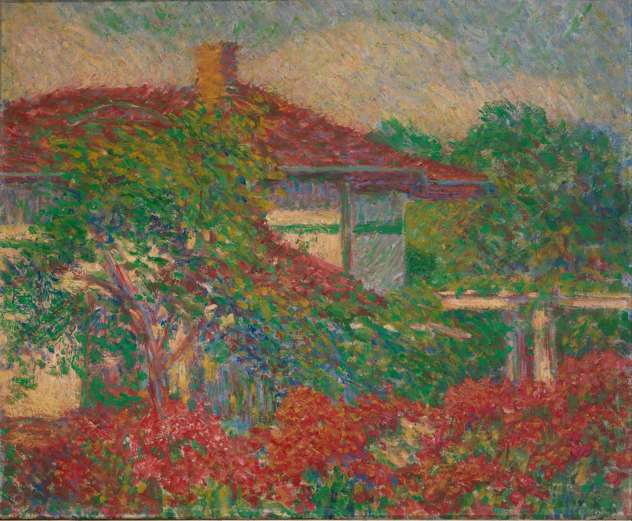 Krajobraz z czerwonym dachem budynku, ca. 1880-1910. autorstwa Carl Newman