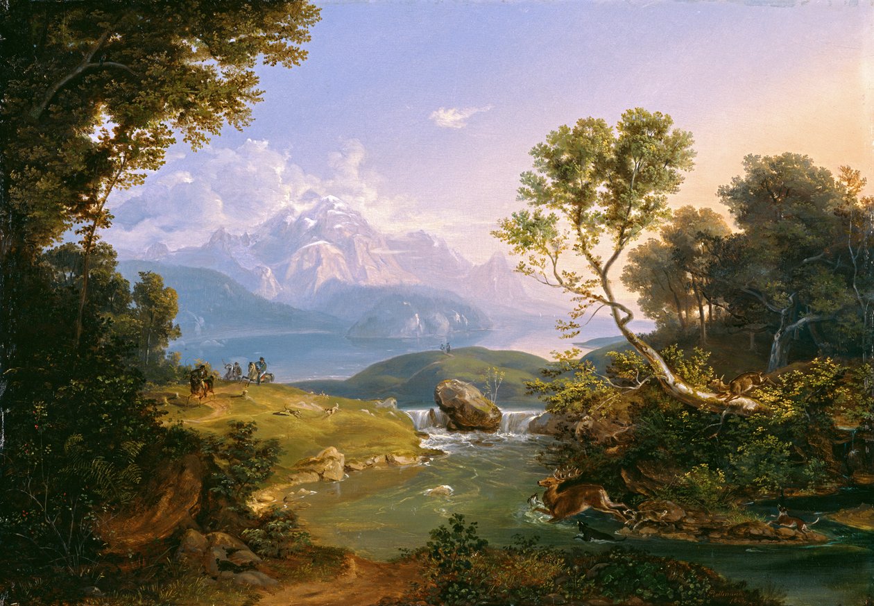 Polowanie na jelenie w Hintersee w pobliżu Berchtesgaden autorstwa Carl Rottmann
