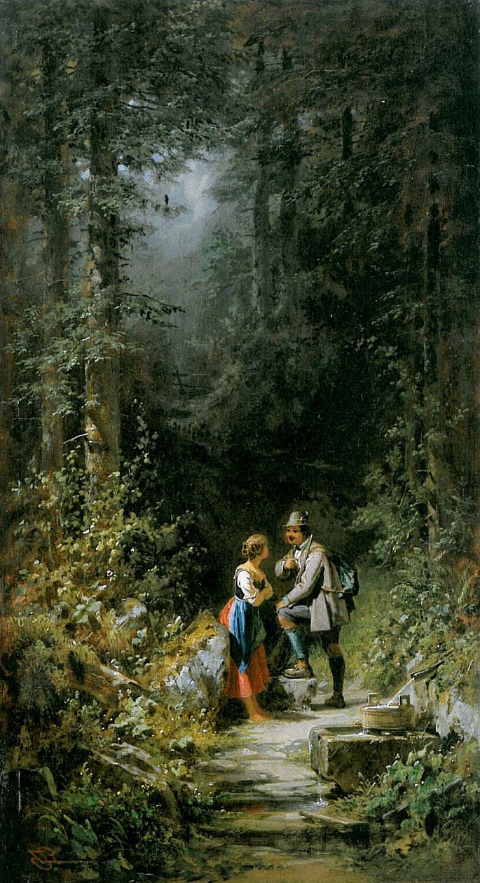 Myśliwy i mleczarka przy leśnej studni autorstwa Carl Spitzweg