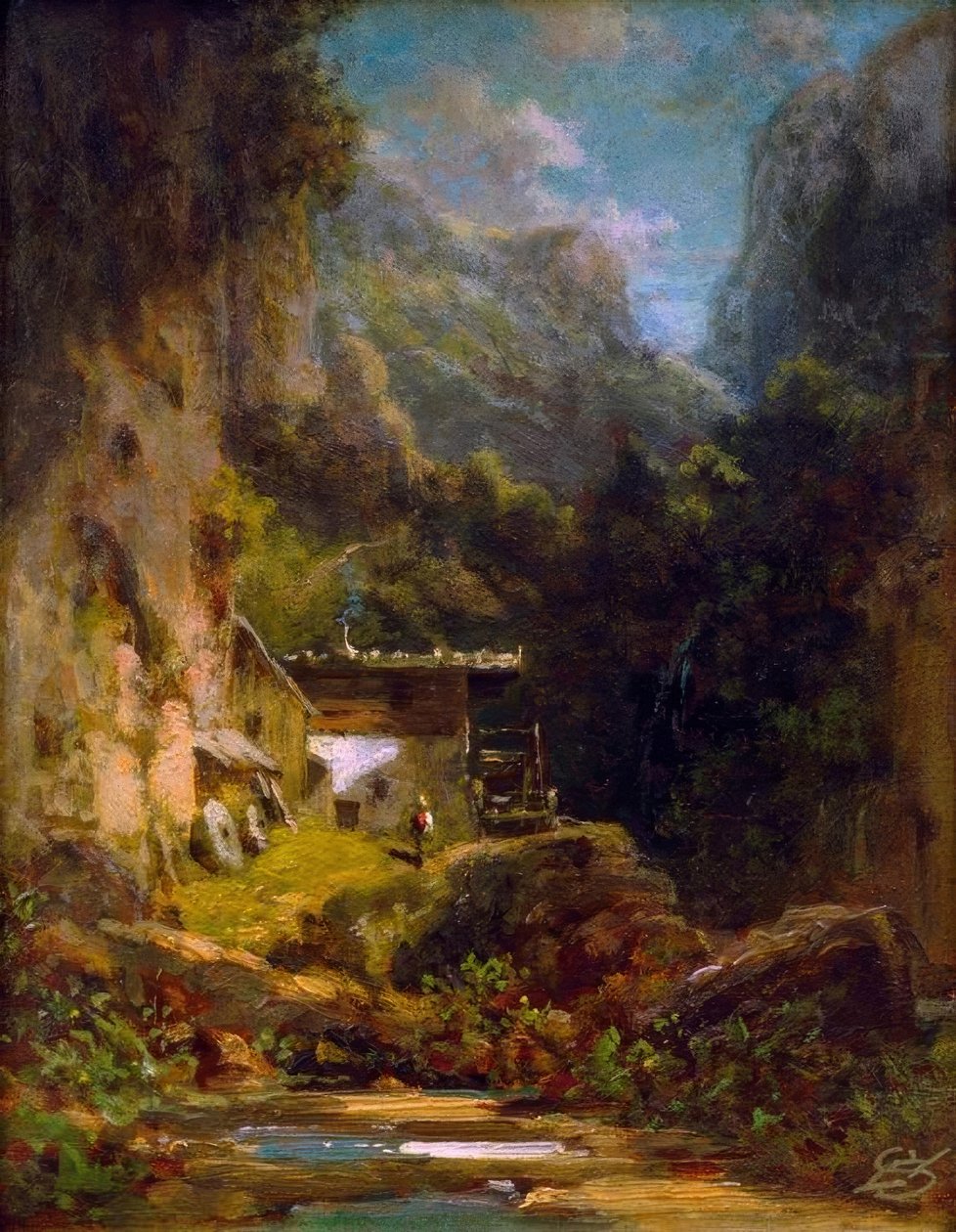 Młyn w leśnym wąwozie z figurą autorstwa Carl Spitzweg