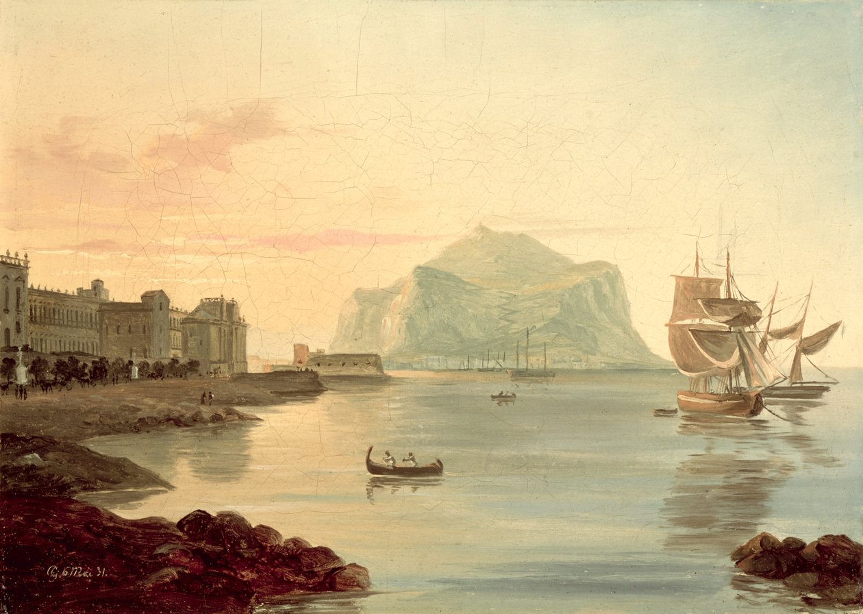 Port w Palermo z górą Pellegrino, 1831 autorstwa Carl Wilhelm Goetzloff