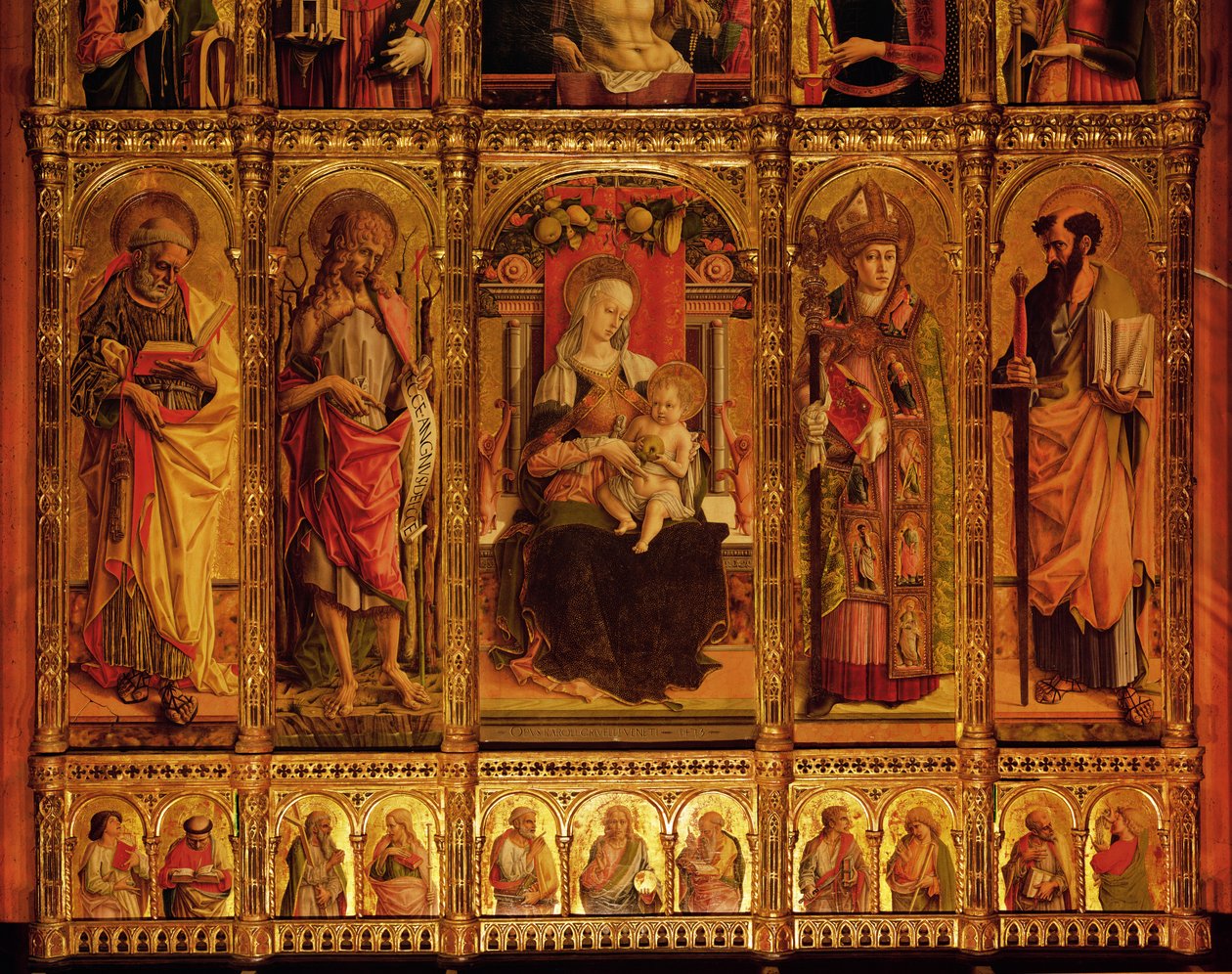 Ołtarz św. Emidio, poliptyk, fragment Matki Boskiej i Świętych Św. Paweł, Św. Jan Chrzciciel, Św. Etienne i Św. Paweł, od lewej do prawej, 1473 tempera na desce autorstwa Carlo Crivelli
