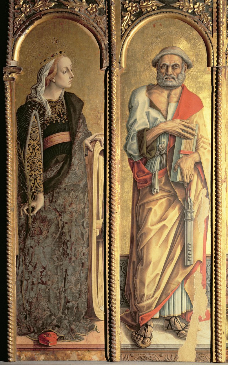 Św. Katarzyna Aleksandryjska i Św. Piotr, fragment tryptyku Santa Lucia (tempera na desce) autorstwa Carlo Crivelli