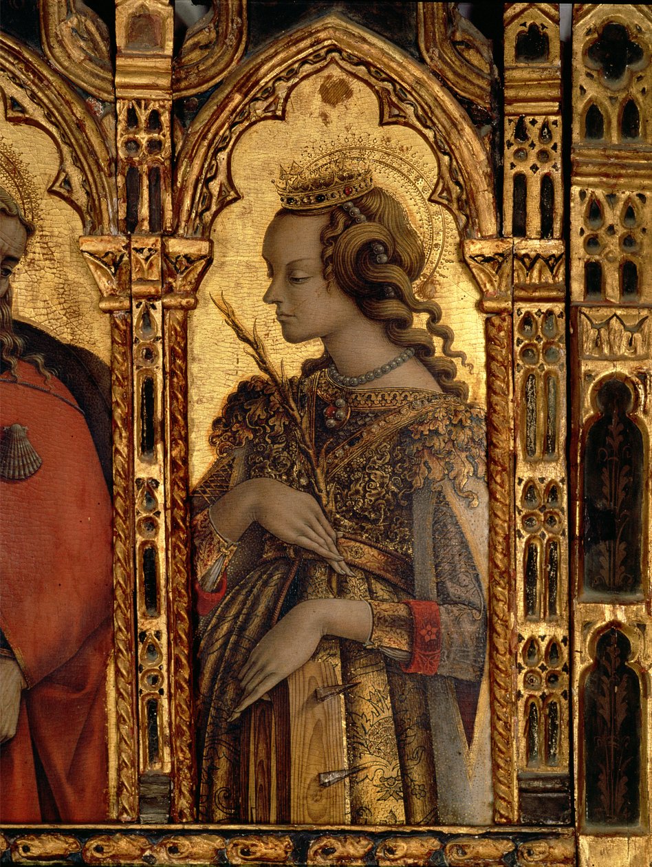 Św. Katarzyna Aleksandryjska, fragment z poliptyku San Martino (tempera na desce) (zob. 76669) autorstwa Carlo Crivelli