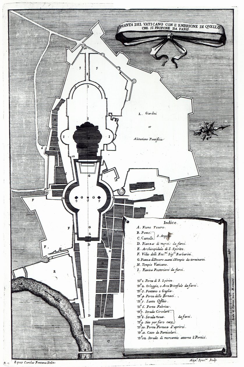 Plan Watykanu, Rzym, rytowany przez Alessandro Specchi autorstwa Carlo Fontana