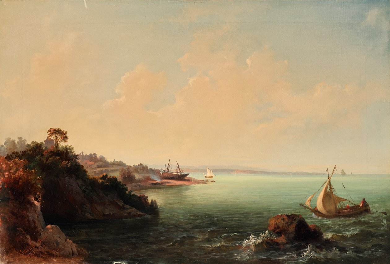 Skaliste wybrzeże i żaglówki autorstwa Carlo Brioschi
