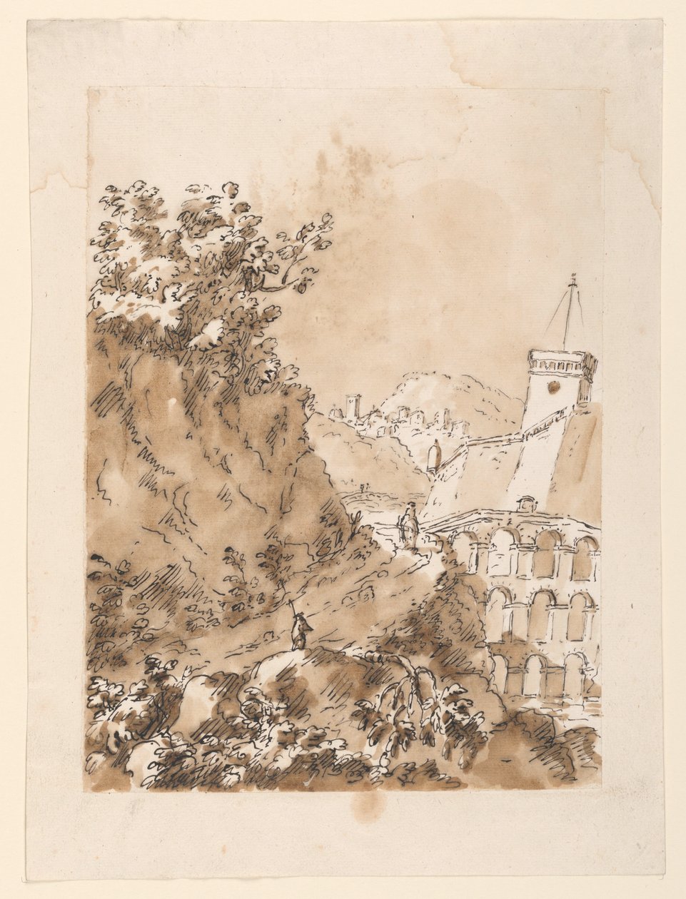Rysunek, Krajobraz z górskim miastem, 1760-80 autorstwa Carlo Marchionni