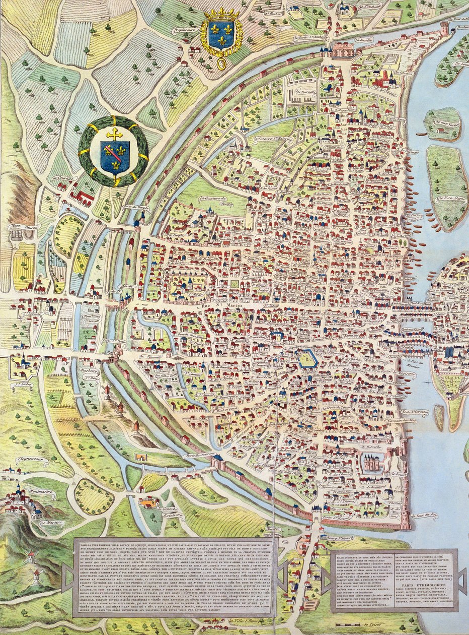 Fragment Prawego Brzegu, z mapy Paryża z ok. 1540 r., znanej jako Plan de la Tapisserie, wykonanej jako gobelin ok. 1570 r., rycina kolorowa z 1818 r. autorstwa Caroline Naudet