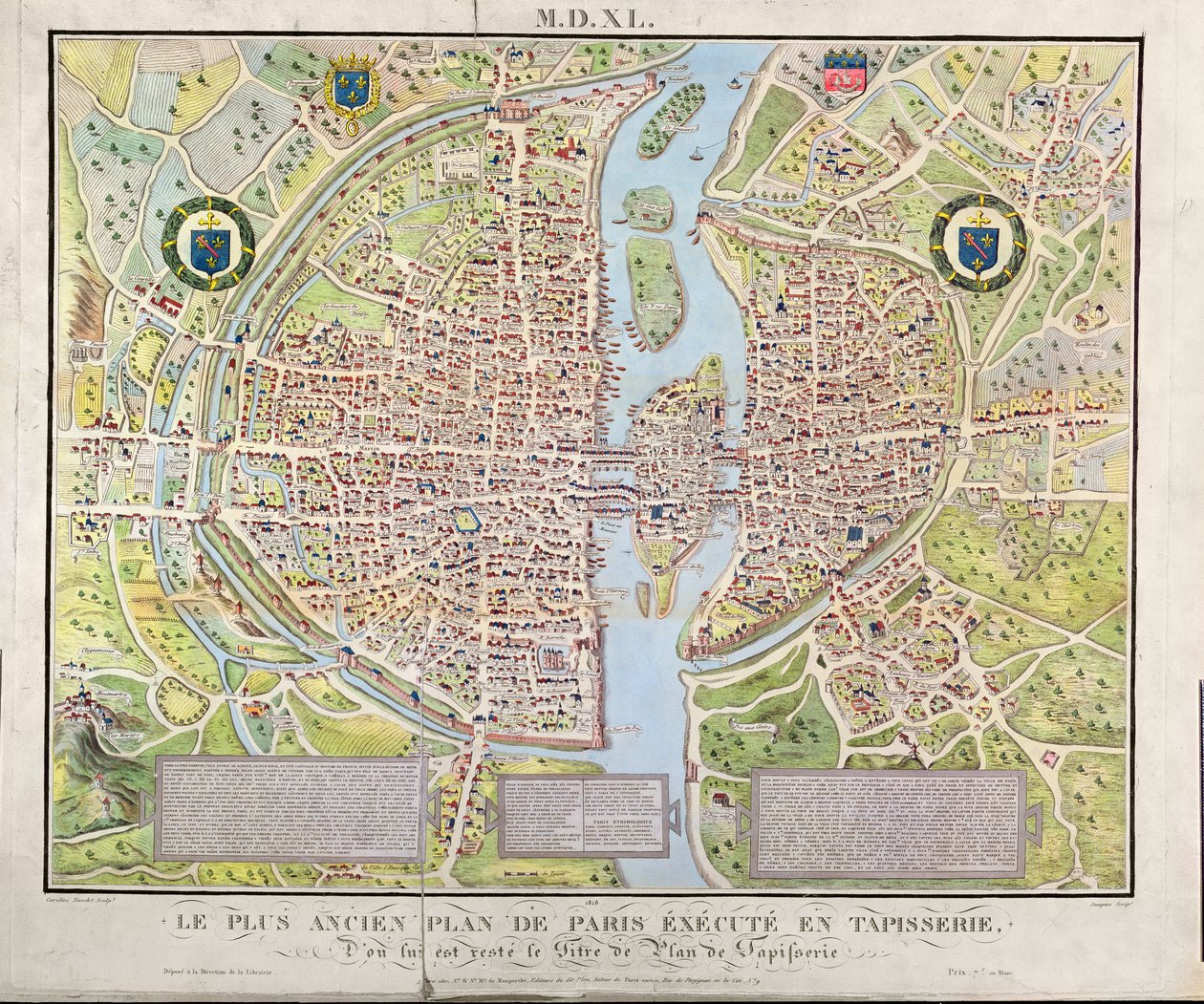 Mapa Paryża ok. 1540, znana jako Plan de la Tapisserie, wykonana jako gobelin ok. 1571, 1818 (kolor grawerowany) autorstwa Caroline Naudet