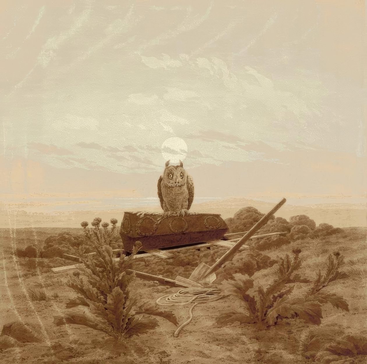Krajobraz z grobem, trumną i sową autorstwa Caspar David Friedrich
