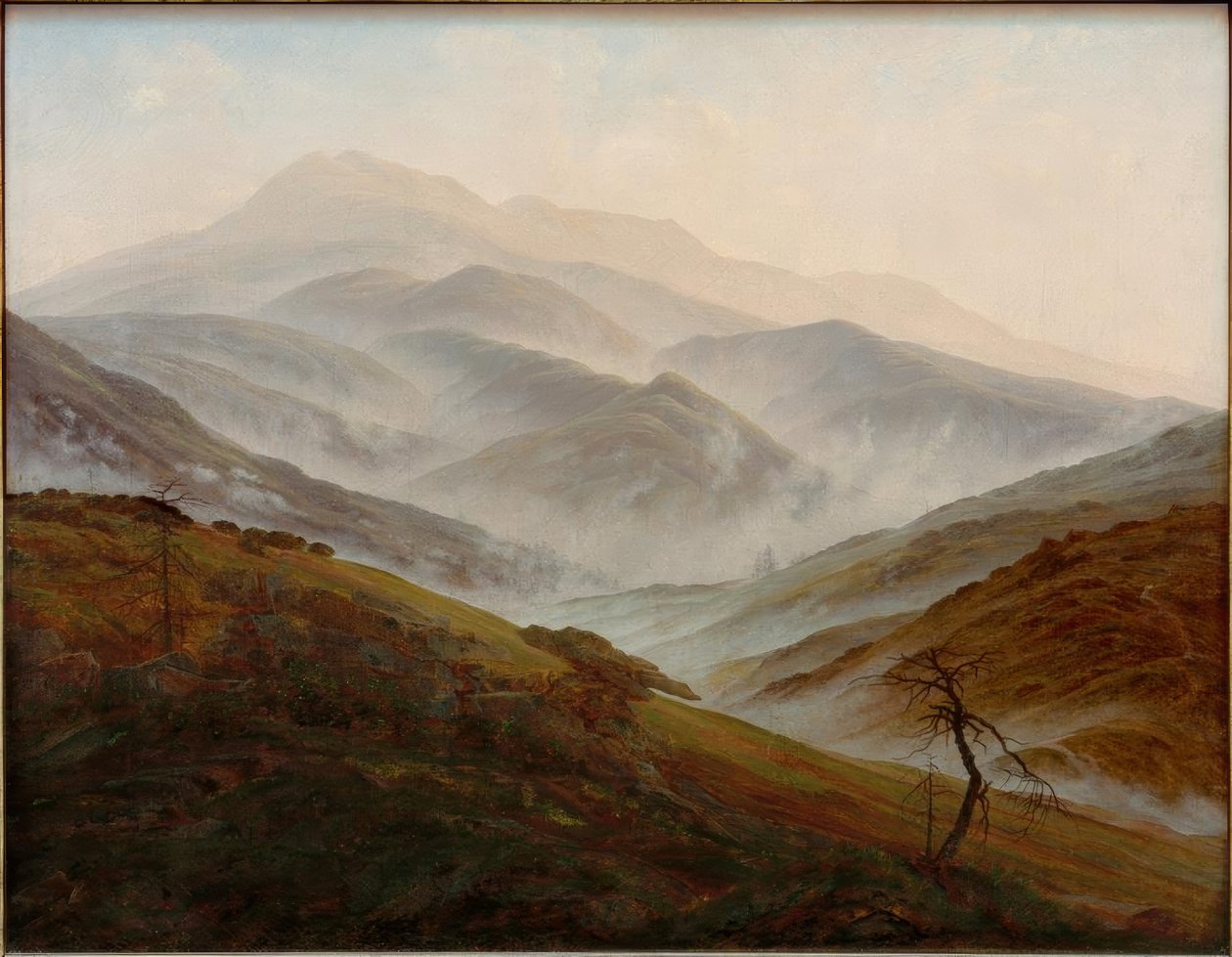 Krajobraz Karkonoszy z rosnącą mgłą autorstwa Caspar David Friedrich