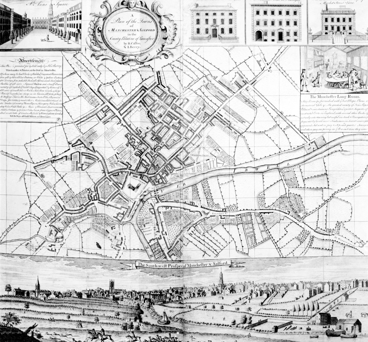 Mapa Manchesteru, 1751 autorstwa Casson and Berry
