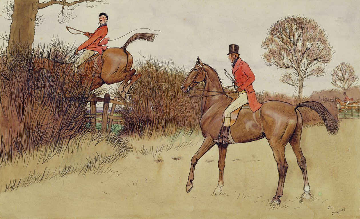 „Ar nigdy się nie wysiada”, scena polowania (grafit, długopis i atrament i toaleta na papierze) autorstwa Cecil Charles Windsor Aldin