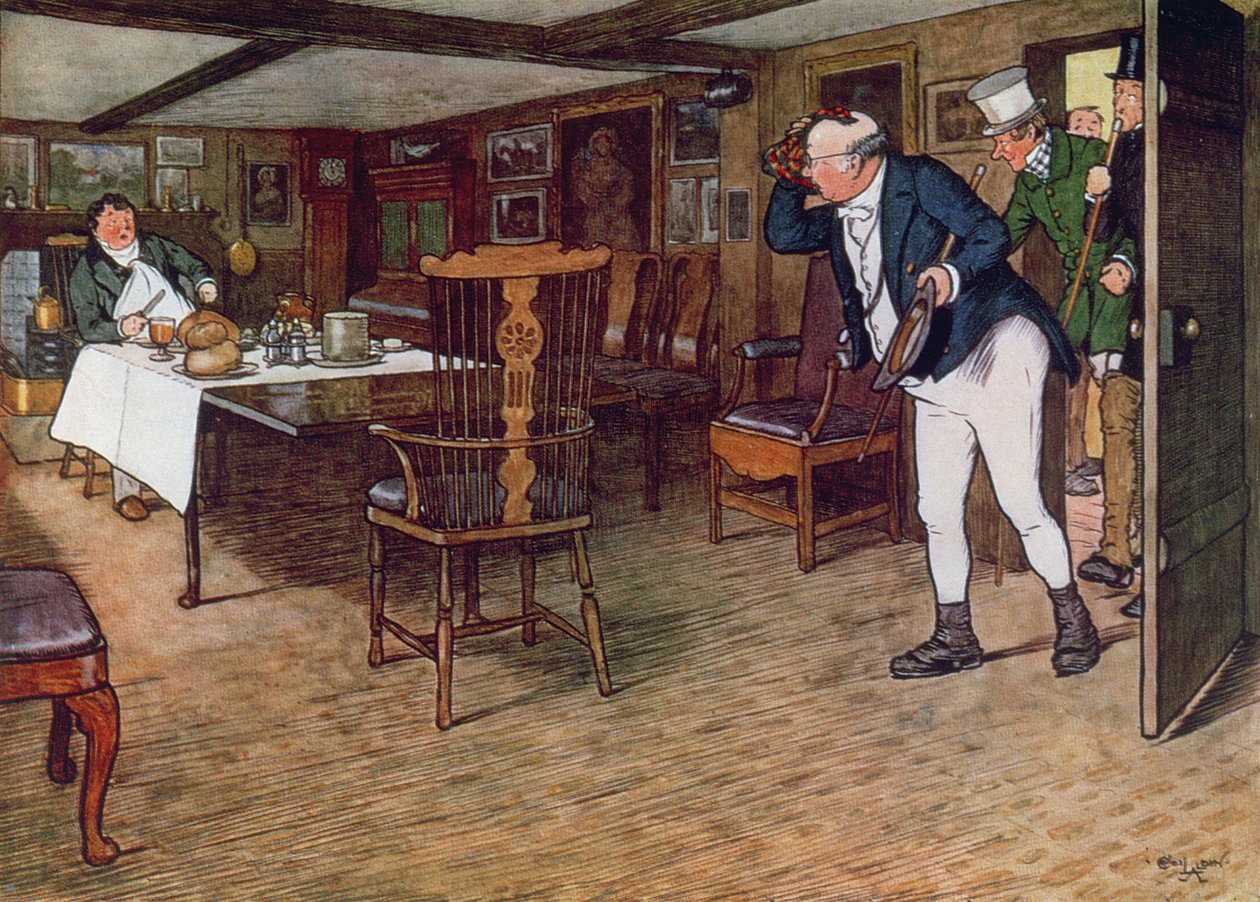 Pan Pickwick znajduje pana Tupmana jedzącego lunch w Leather Bottle, Cobham, 1910 (rycina kolorowa) autorstwa Cecil Charles Windsor Aldin