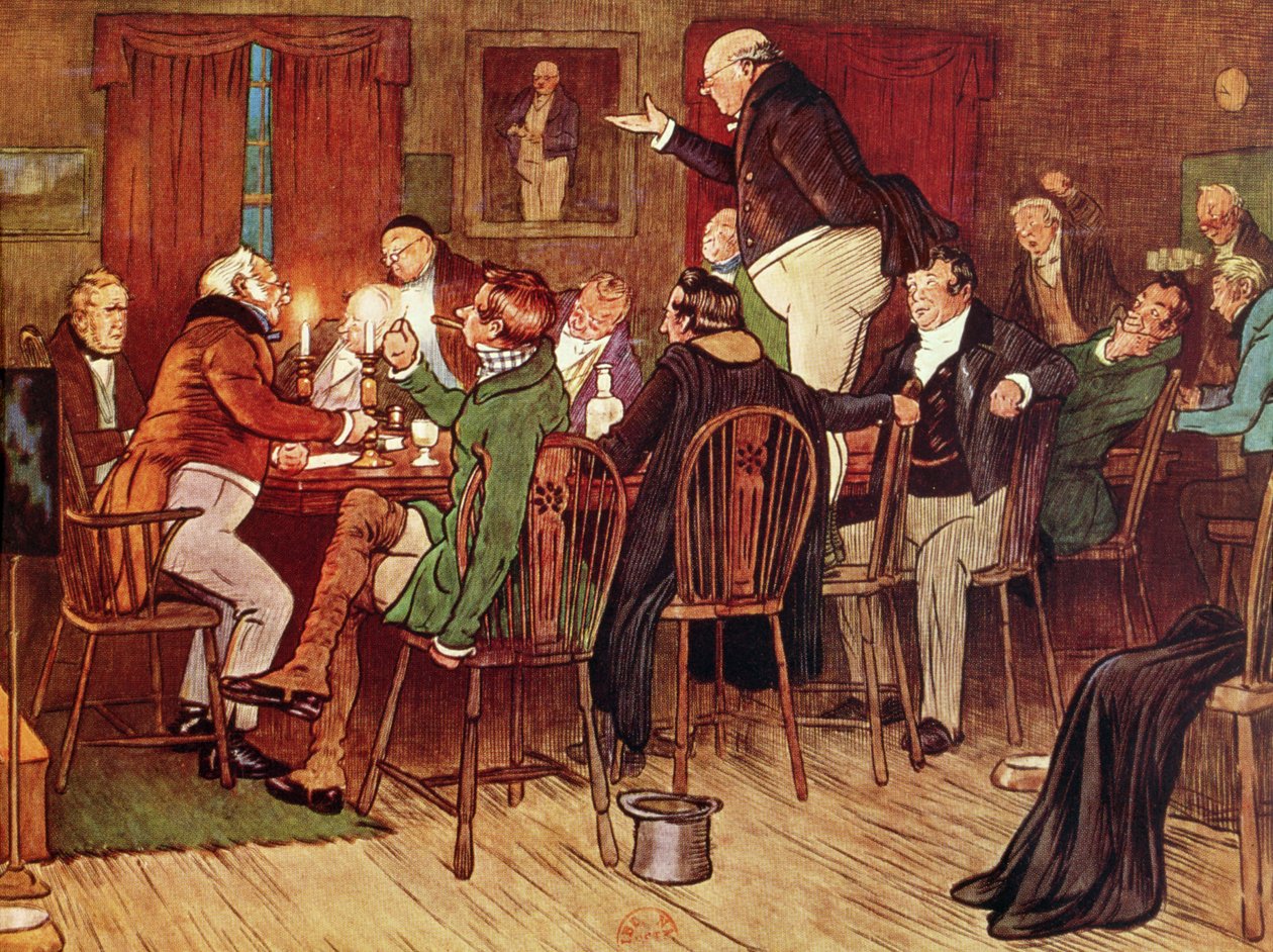 „The Eloquent Mr Pickwick”, ilustracja z „Pickwick Papers” Charlesa Dickensa (1812-70) autorstwa Cecil Charles Windsor Aldin