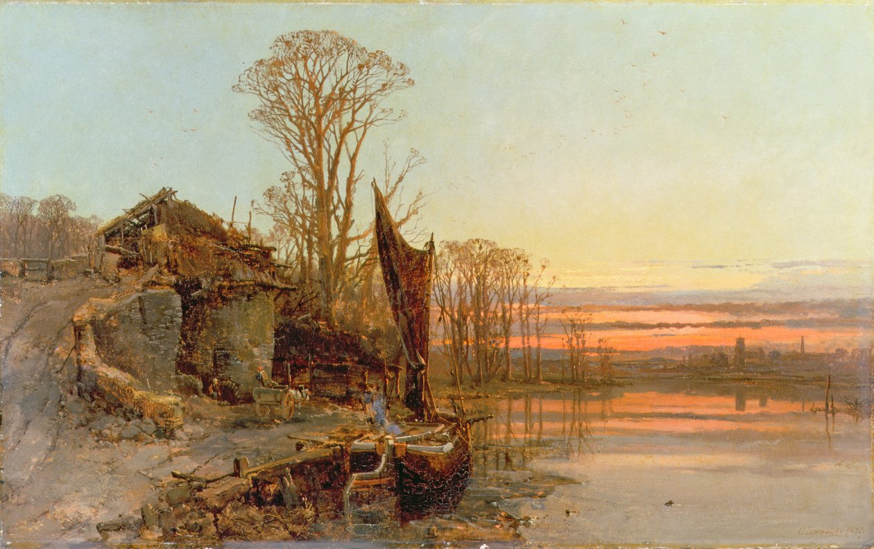 Krajobraz ze zrujnowaną chatą o zachodzie słońca, 1898 autorstwa Charles Branwhite