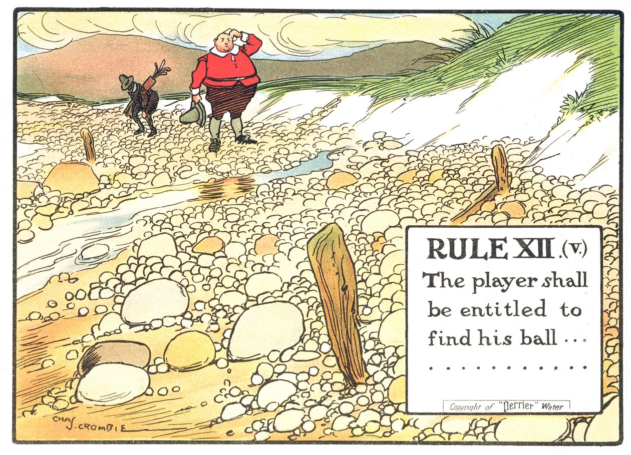 Reguła XII (V): Gracz ma prawo znaleźć swoją piłkę…, z „Rules of Golf”, opublikowanej ok. 1905 r. autorstwa Charles Crombie