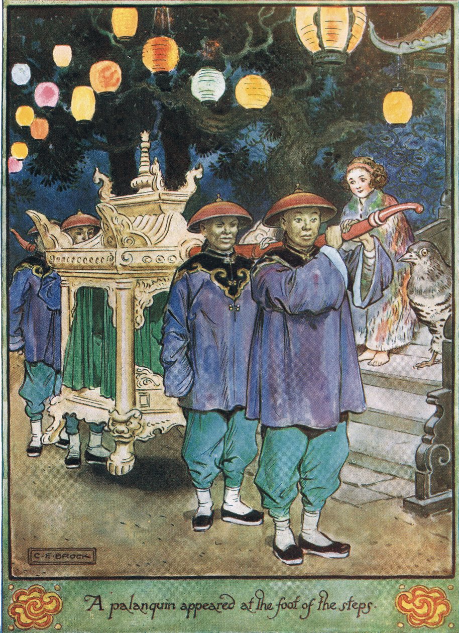 U stóp schodów pojawił się palankin, ilustracja z „Zegara z kukułką” pani Molesworth, wydanego przez Macmillan w 1930 r. autorstwa Charles Edmund Brock