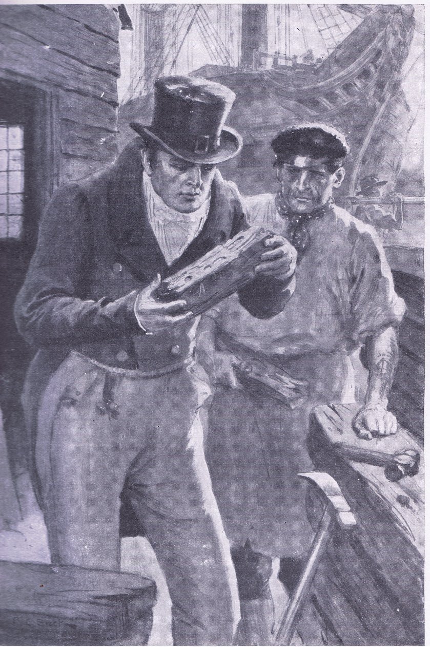 Brunel widzi kawałek drewna statku zakopanego przez teredo, co inspiruje jego pomysł zakopania się pod Tamizą (litho) autorstwa Charles Edmund Brock